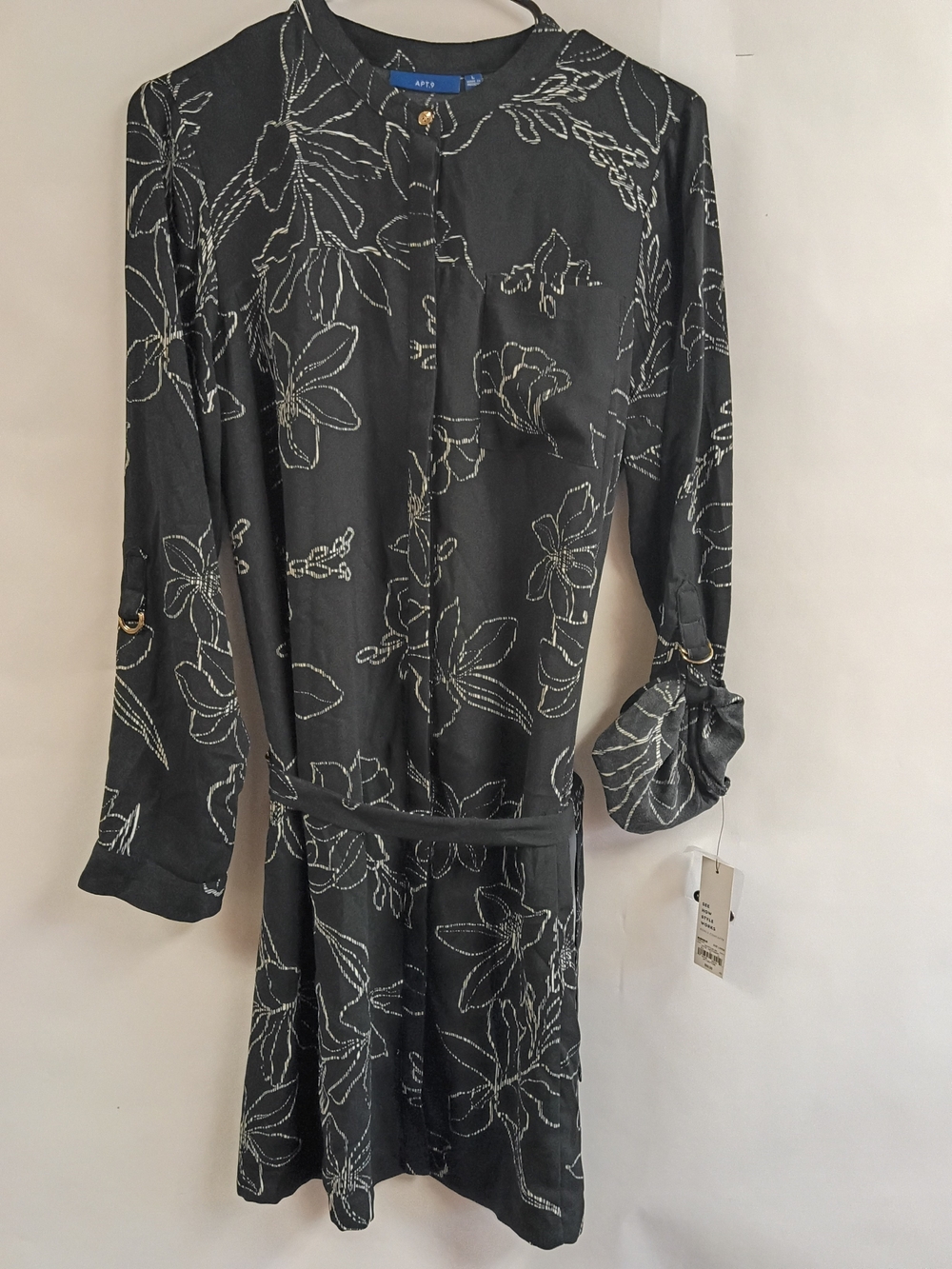Apt. 9 Black Floral Long-Sleeve Belted Shirt Dress